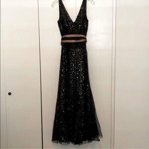 Terri Jon Black Tulle and Gold Sequin Evening Gown